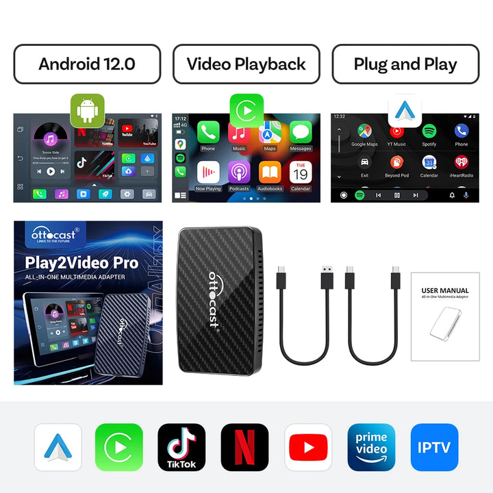 OTTOCAST Play2Video Pro – Wireless CarPlay & Android Auto AI Box | Built-in YouTube, Netflix & TV Apps for 99% of Cars