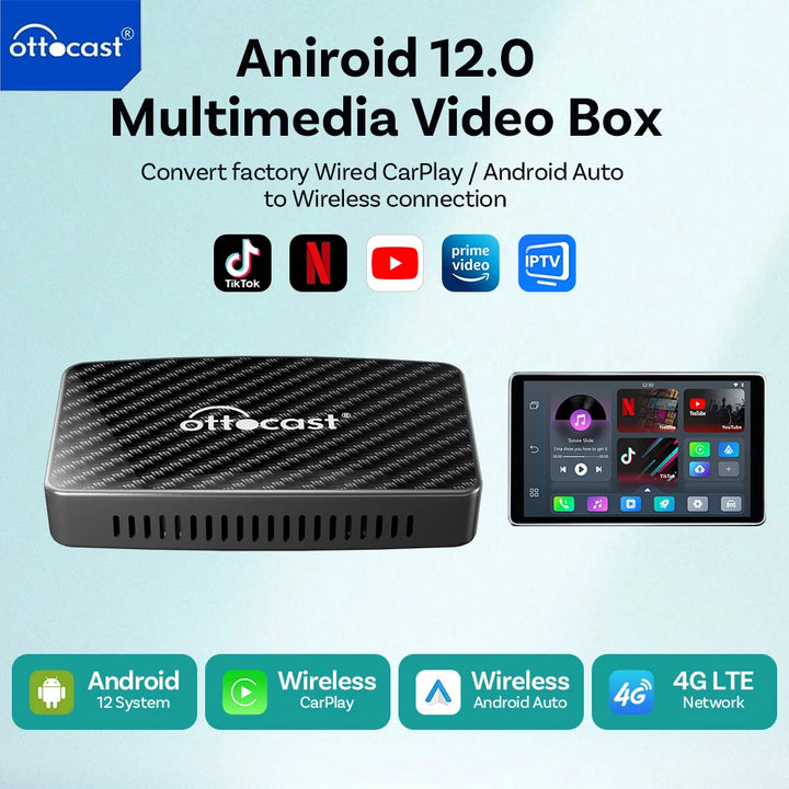 OTTOCAST Play2Video Pro – Wireless CarPlay & Android Auto AI Box | Built-in YouTube, Netflix & TV Apps for 99% of Cars