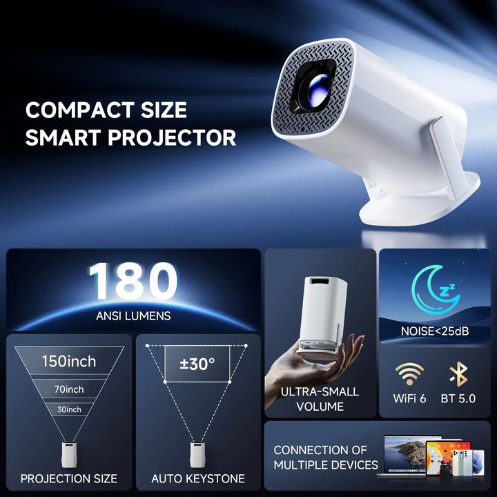 P30 PRO Smart Mini Projector Android 14 – WiFi 6, BT 5.0, 4K Support, HD 720P Home Theater & Outdoor Portable Projector